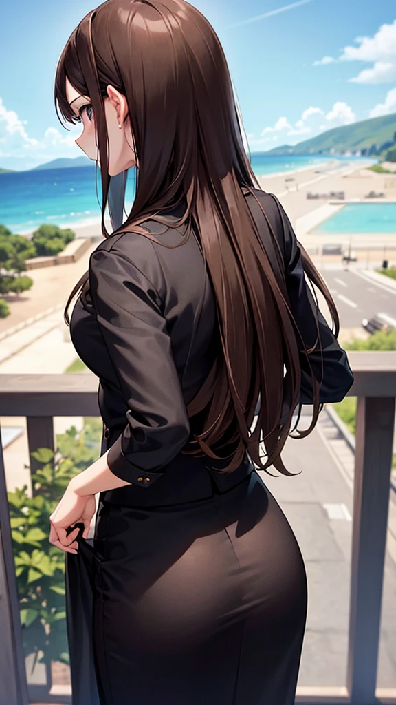 Brown haired woman pulled back Standing in an all black suit, standing with your back looking at the beautiful view of the sky.