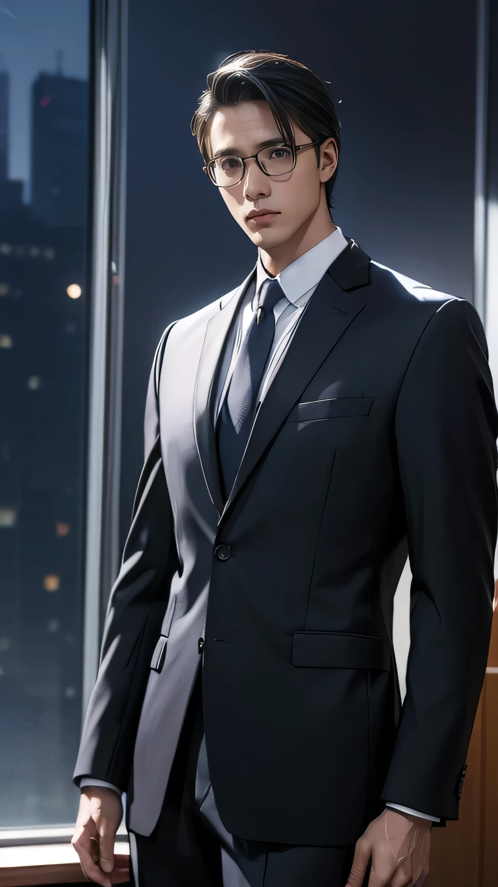 a well-dressed and intelligent-looking man, standing alone in an office, studying financial charts, elegant suit, serious expression, deep focus, business professional, dramatic lighting, highly detailed, hyperrealistic, 8k, award-winning anime art style, striking pose, cinematic angle, moody colors, dramatic shadows, photorealistic, intricate details