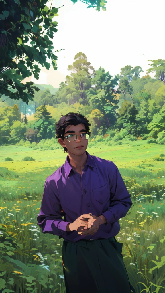 man with glasses in a purple shirt standing in a field of tall grass, in front of a forest background, nivanh chanthara, ramil sunga, mohamed chahin, in a large grassy green field, assamese aesthetic, in a open green field, in a field, nuttavut baiphowongse, portait image