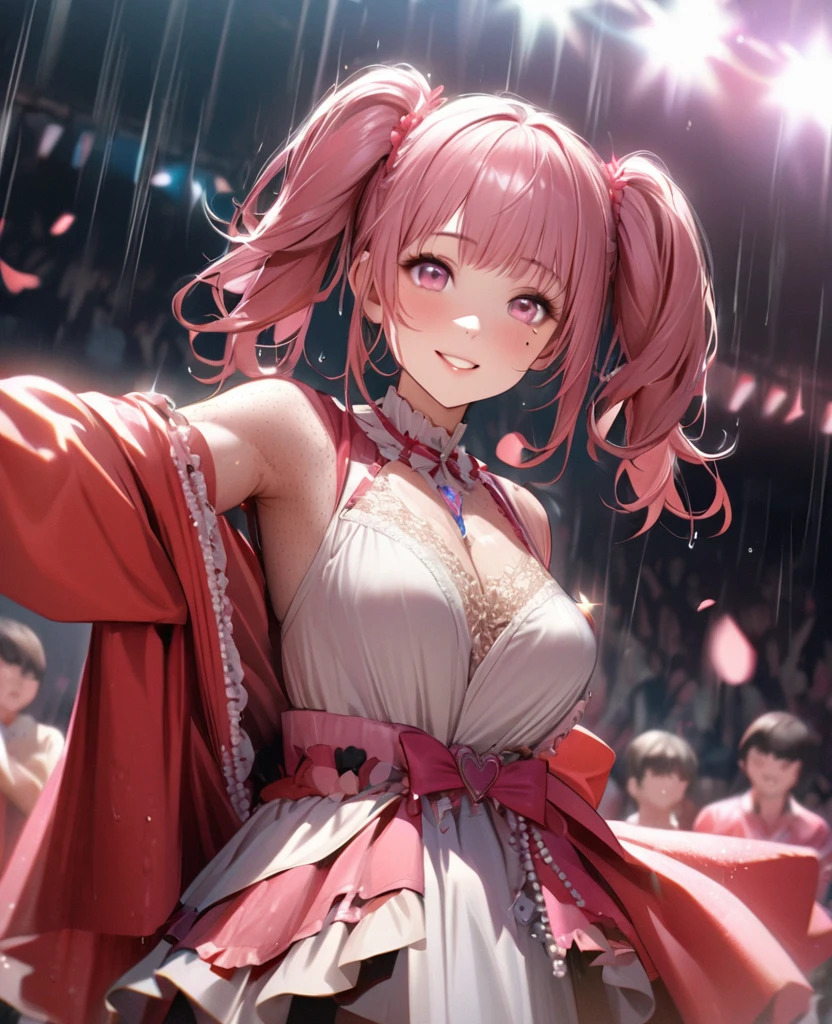 One Girl、Looking at the audience、lovely,
Beautiful pink eyes、short twin tail hair , Mole under the eye、Plump and glossy lips、Heart-shaped choca、Idol、Her name is Rico,smile、ー、。.。.。.。.。.。.。.。.。.。.。.。.。.。.。.。.。.。.3D、Realistic、
The idol's costume was soaked in the heavy rain, and her chest was wet and transparent.Heavy rain at outdoor concert, Drape clothes、gem、The decoration has been removed、Floral、Lace trim,On a glittering stage、
masterpiece、highest quality、8k、Detailed skin texture、Detailed cloth texture、Beautifully detailed face、Intricate details、Very detailed、
超A high resolution、8k Ultra HD、Film Grain、Best Shadow、delicate、Gazing at the audience、front