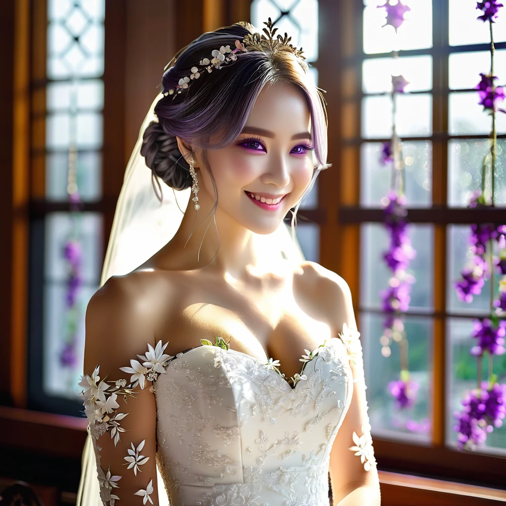 Highest quality,(masterpiece:1.3),白いWedding dressを着て,Standing in front of the church window,Sunlight streaming through the window,1.75 meters tall,smile,close,(Small breasts),(白いflower束を手に),((Wedding dress)) Emilia,Braiding,crown Braiding,flower,hair flower,hair ornaments,Hair Ribbon,Long Hair,Pointed Ears,(Purple eyes:1.2),Gray Hair,x hair ornaments,