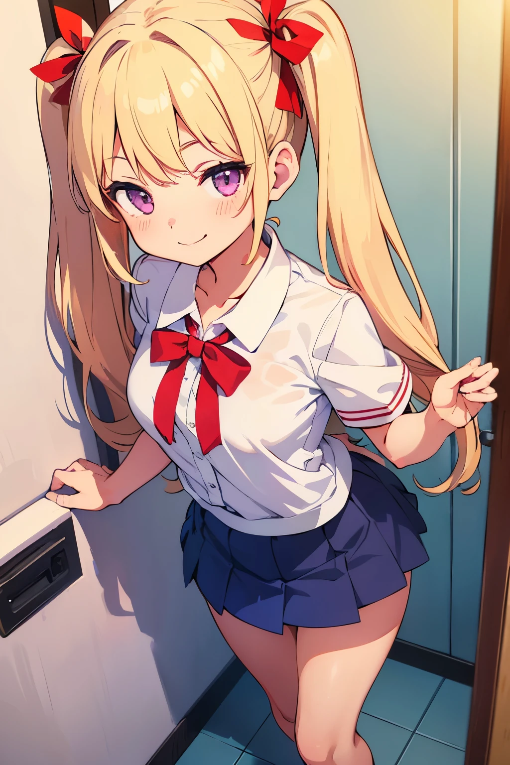 Middle school girl, s old, A cup breasts, blonde, long twin tails　Red ribbon in twin tails, purple eyes 　smile　（One person） White short-sleeved blouse 　Navy blue mini skirt　White with light pink horizontal stripes panties（（I can see her panties））Barefoot, morning, standing in the bathroom, dynamic angle　Low - Angle