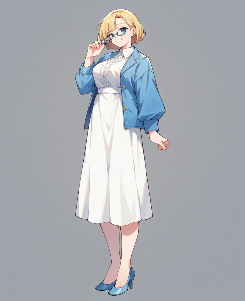 beautiful woman, beautiful face, solo, full body, standing, medium bob cut blonde hair, light blue eyes, two points glasses, medium breasts, blue opened short jacket, white blouse, white pleats Slightly longer skirt, (calf of legs), blue high heels, soft smile, (pinch one's her glasses), perfect hands and perfect fingers, temptation pose, black background, no background, pastel 2d art, matte painting, anime, masterpiece