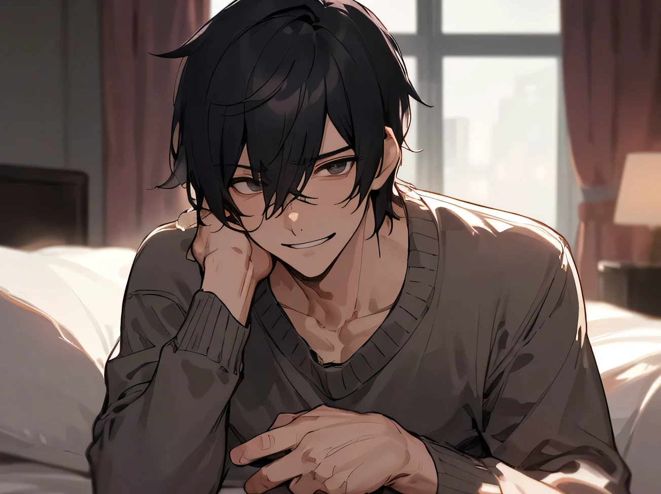 Working Adults.,male,Handsome,Cool vibe,I,Black-haired,mash,Gloomy mood(Masseter muscle area,Viewer Perspective,Upper Body,Face close-up,Horny,Wicked Smile,Yandere atmosphere,,Night atmosphere,sweater,,Hotel room bed、