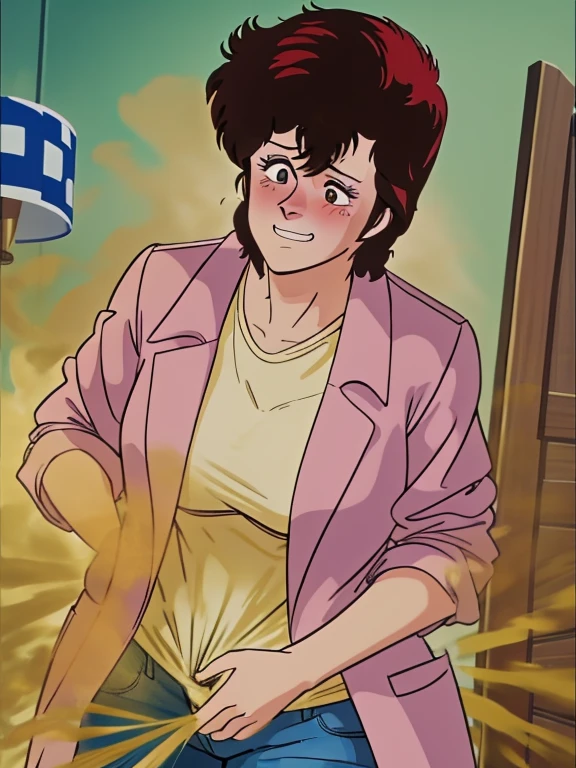 HD, high quality, high resolution, ultrahd,Kaori Makimura, 1female, wearing default outfit, light pink shirt, white coat, wearing coat over tshirt, jeans, default hair, brown hair, very tall body, thin body, massive fart, yellow smoke, velocity, wide eyes, big eyes, shocked, blush, leaning, embarrassed, smiling, clenching teeth, alone in a room, beautiful lighting, highlights