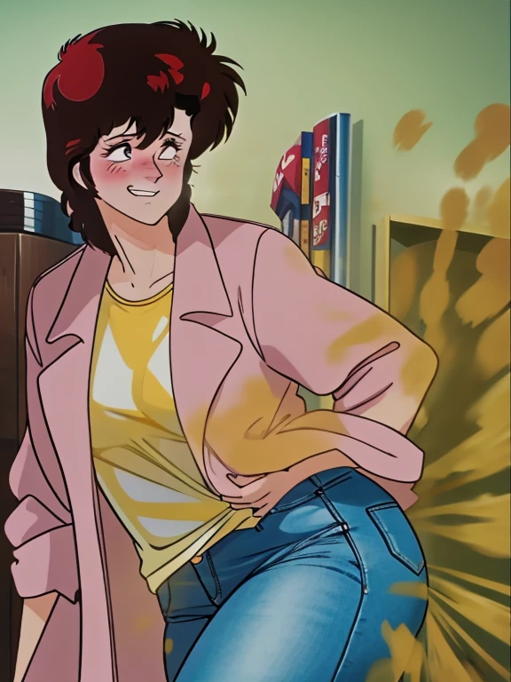 HD, high quality, high resolution, ultrahd,Kaori Makimura, 1female, wearing default outfit, light pink shirt, white coat, wearing coat over tshirt, jeans, default hair, brown hair, very tall body, thin body, massive fart, yellow smoke, velocity, wide eyes, big eyes, shocked, blush, leaning, embarrassed, smiling, clenching teeth, alone in a room, beautiful lighting, highlights