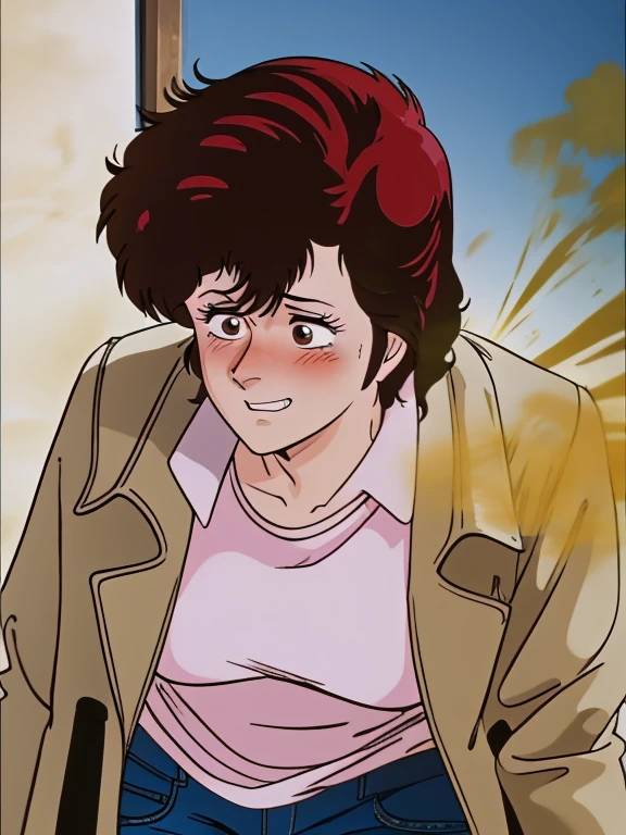 HD, high quality, high resolution, ultrahd,Kaori Makimura, 1female, wearing default outfit, light pink shirt, white coat, wearing coat over tshirt, jeans, default hair, brown hair, very tall body, thin body, massive fart, yellow smoke, velocity, wide eyes, big eyes, shocked, blush, leaning, embarrassed, smiling, clenching teeth, alone in a room, beautiful lighting, highlights