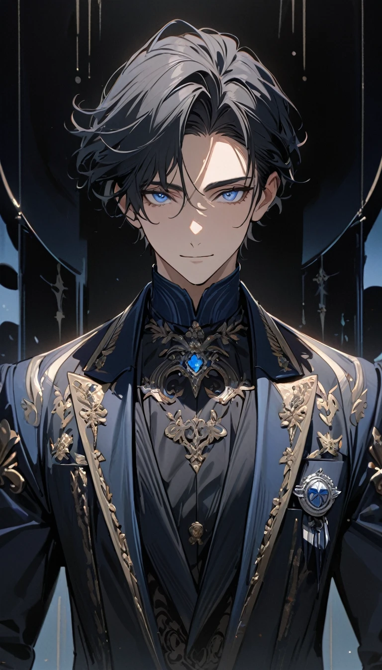 (masterpiece), best quality, expressive eyes, Perfect face, ((1 male)),Solitary,((Black short hair)),((blue eyes)), Exquisite eyes, gentle smile,Navy blue sophisticated suit,Exquisite silver badge, Exquisite clothing details,(((Complete upper body))), (((Front view))),whole body,noble,Handsome,front,8K, face focus