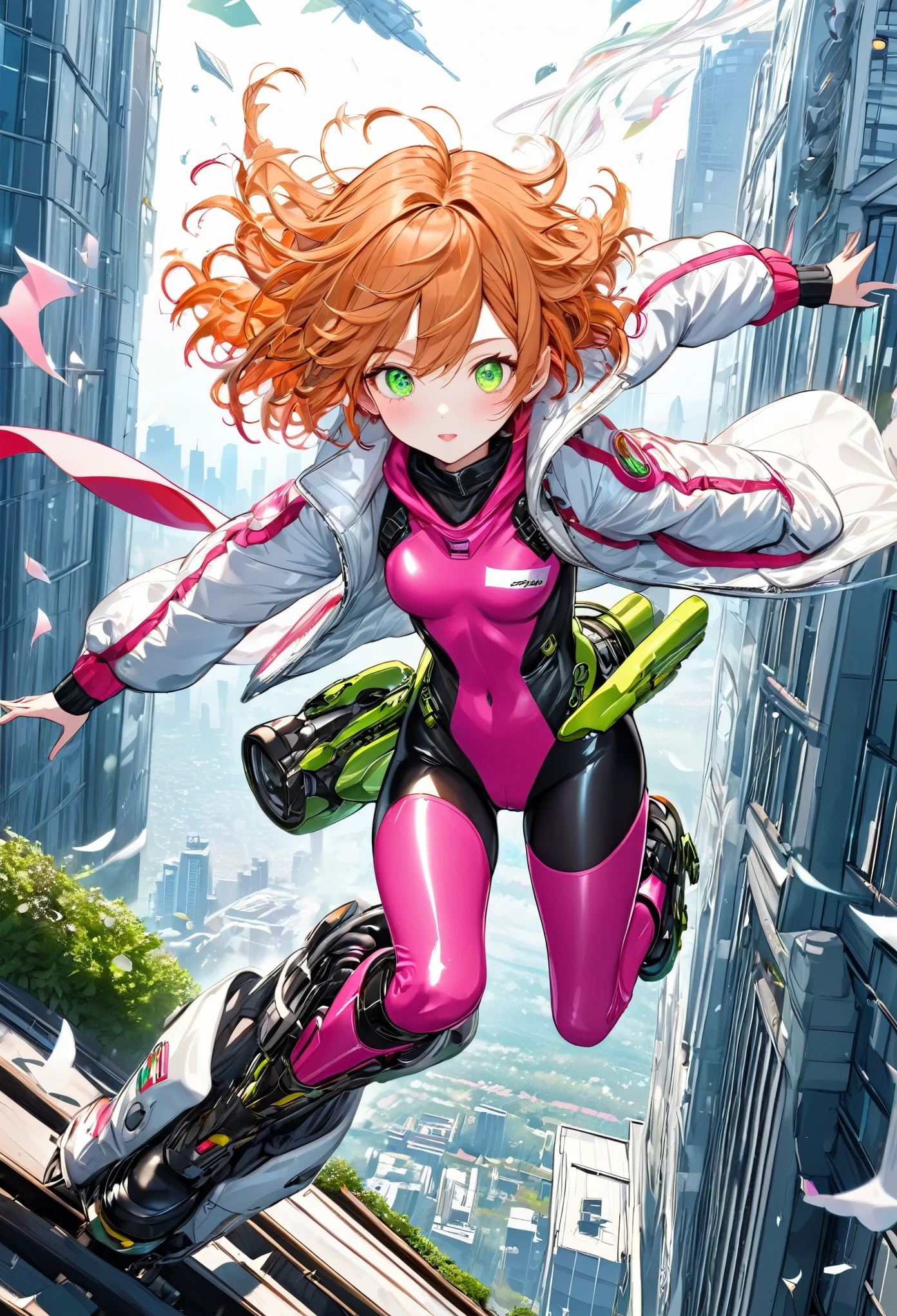 best quality, super fine, 16k, incredibly absurdres, extremely detailed, 2.5D, delicate and dynamic, cute lady, orange messy wavy short hair, clear green pupils, flying and floating with jet boots made of plated metal that look like boots, hot pink tight seamless shiny bodysuit with lots of writing, white down jacket, rooftop of skyscraper, (magnificent view:1.5), wind, wind-effects, extra-dimensional effects