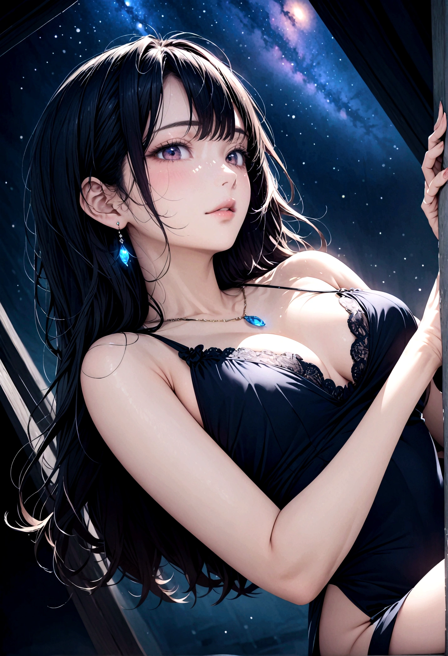 8k, masterpiece, RAW Photos, Highest quality, Realistic, Very detailed, Depth of written boundary, Cinematic Light, Anatomically correct body,
One elegant beautiful mature woman, Very beautiful face, Exquisitely detailed face, Goddess-like deity々Beautiful, Very sensitive skin, Transparent white skin, Glamorous Body,
Wavy black long hair,
A high-slit dress with fluttering lace, Detailed cloth texture, Gorgeous necklace, Gorgeous earrings,
Dark starry background, Milky Way Galaxy, Meteors, Dark coastline at night, Pitch black sea surface,
Low angle shot,