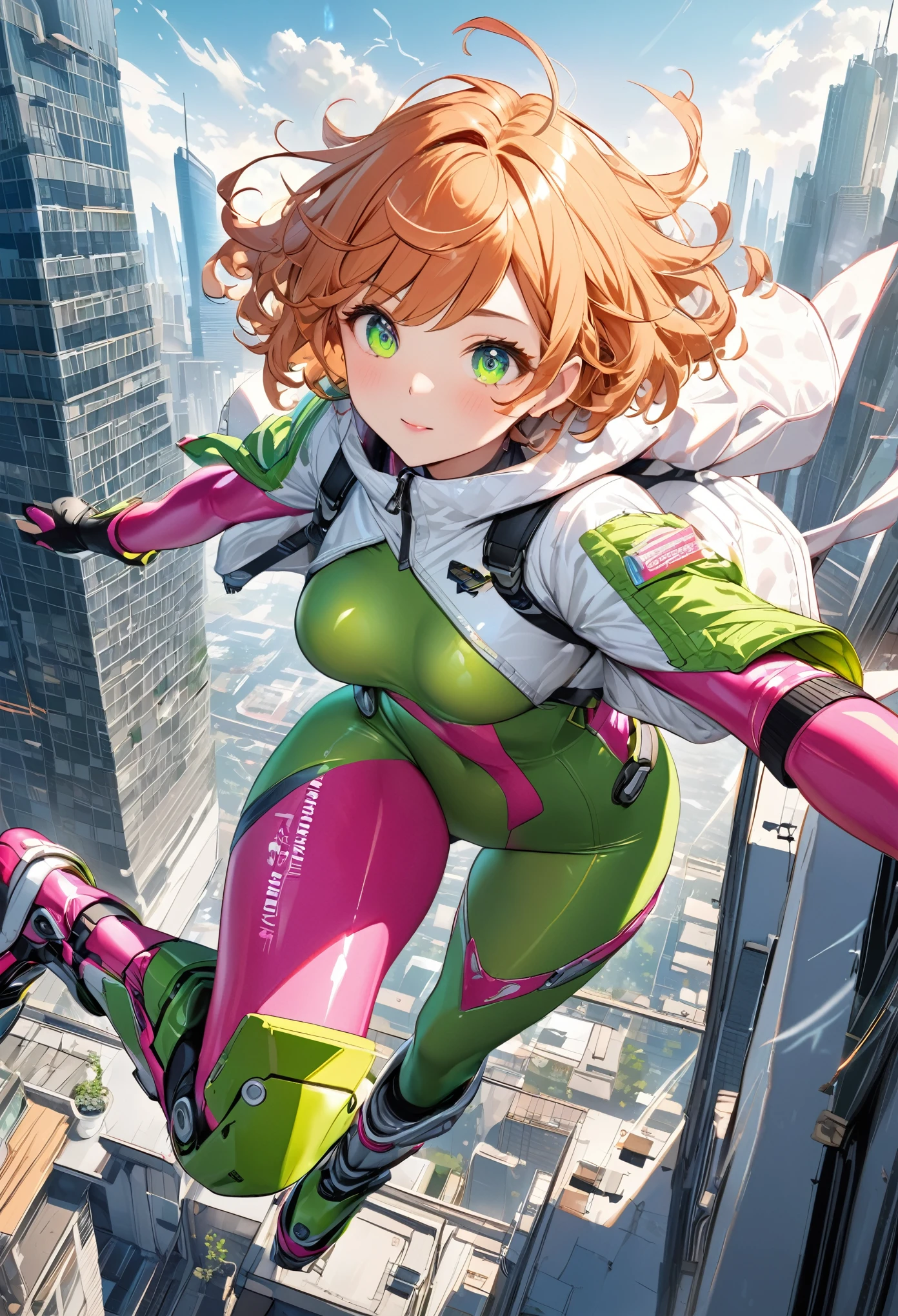best quality, super fine, 16k, incredibly absurdres, extremely detailed, 2.5D, delicate and dynamic, cute lady, orange messy wavy short hair, clear green pupils, flying and floating with jet boots made of plated metal that look like boots, hot pink tight seamless shiny bodysuit with lots of writing, white down jacket, rooftop of skyscraper, (magnificent view:1.5), wind, wind-effects, extra-dimensional effects