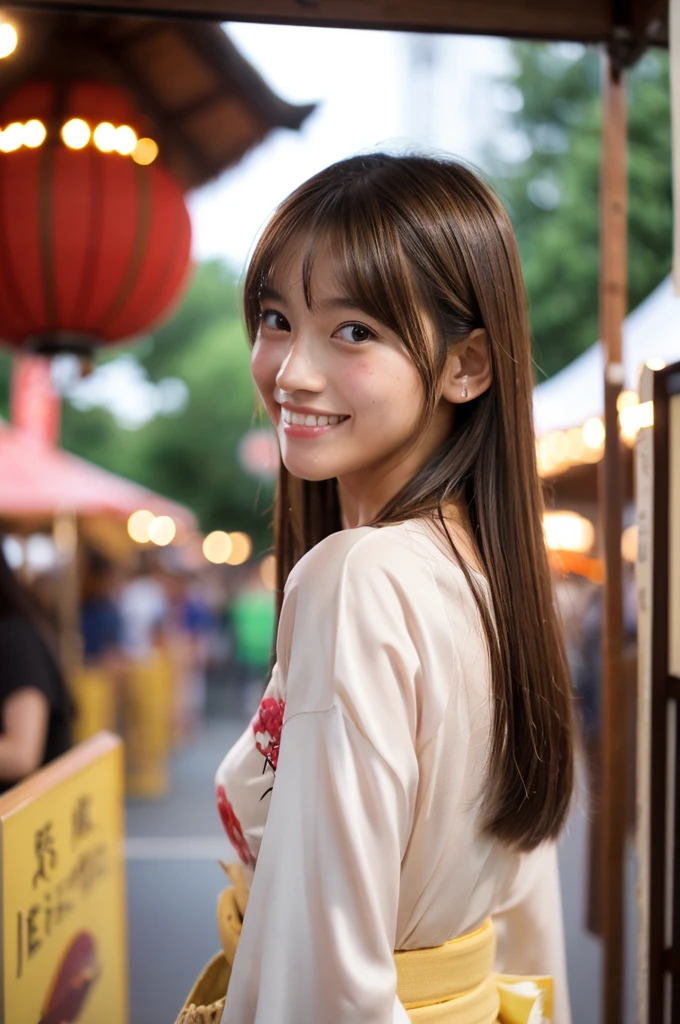 Japanese traditional kimono, yukata, summer festival night stall, first year high school student, ((full body)), ((photo)), ((best qualtiy, 8K, tmasterpiece:1.3)), Focus:1.2, perfect figure beautiful girl:1.4, 1girl, cowboy shot, look at viewer, incredibly absurd, beautiful and cute girl with a photorealistic face, showcasing top-quality craftsmanship, A Japanese girl walking around looking at the food stalls at a summer festival on a night, 15 years old, straight hair that reaches about 10cm below the shoulders, light brown hair color, shiny hair, bangs cut straight above the eyes, hair tucked behind the ears, soft round face, large almond-shaped eyes, light brown eye color, long eyelashes, thin and neat eyebrows, small nose with a straight bridge, cherry-colored lips, bright smile, white teeth, smooth skin, fair skin, light pigmentation, freckles, average height, supple body, well-balanced proportions, small A-cup breasts, beautiful girl, neat, moe, cheerful, curious, friendly, polite, responsible, likes festivals and events, August
