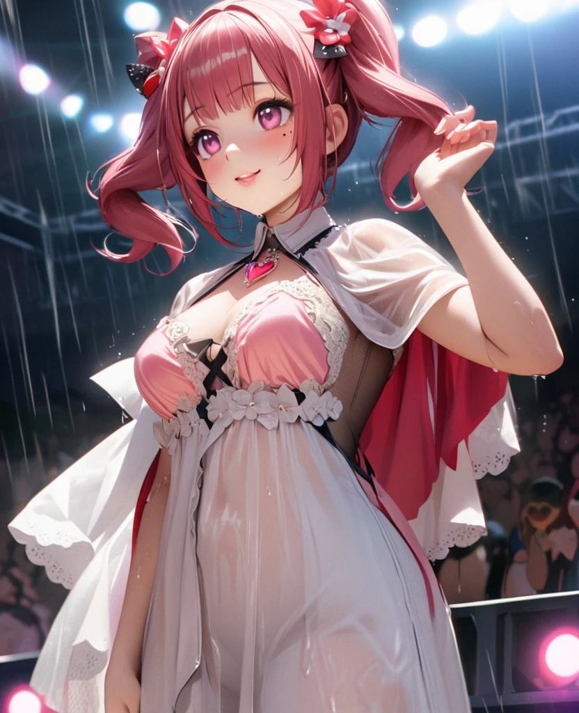 One Girl、Looking at the audience、lovely,
Beautiful pink eyes、short twin tail hair , Mole under the eye、Plump and glossy lips、Heart-shaped choca、Idol、Her name is Rico,smile、ー、。.。.。.。.。.。.。.。.。.。.。.。.。.。.。.。.。.。.3D、Realistic、
The idol's costume was soaked in the heavy rain, and her chest was wet and transparent.Heavy rain at outdoor concert, Drape clothes、gem、The decoration has been removed、Floral、Lace trim,On a glittering stage、
masterpiece、highest quality、8k、Detailed skin texture、Detailed cloth texture、Beautifully detailed face、Intricate details、Very detailed、
超A high resolution、8k Ultra HD、Film Grain、Best Shadow、delicate、Gazing at the audience、front