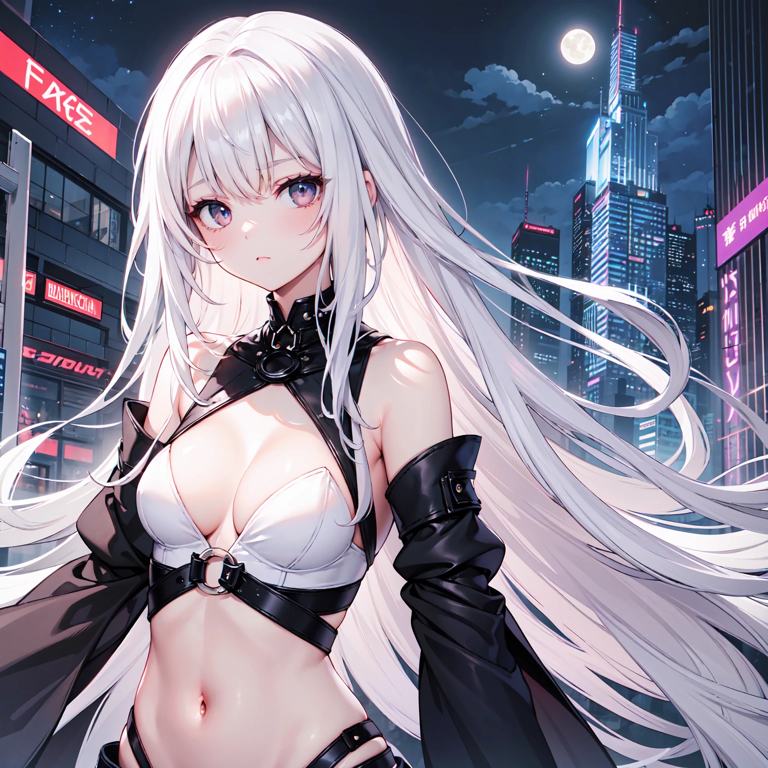 masterpiece, best quality, (alone focus), (perfect face:1.1), (high detail:1.1),Dramatic, 1 person, (pale skin), long white hair, White eyes, [Light eyebrows], alone, long hair, moon, night, White luxury suit, cover navel, Pouting, cover, futuristic city, Detailed Background, Art work：artgerm and greg rutkowski, movie lighting, Rose, Fashion, Balenciaga style