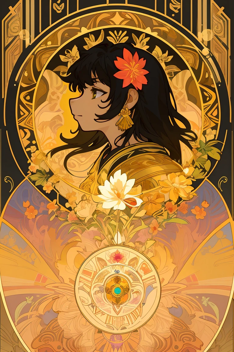 top quality, best quality, kaleidoscope, Yorkshire terrier,gold & black hair,rzminjourney, vector-art, High-quality illustrations by Alfons Mucha, masterpiece,logo mark, round, colorful flower,