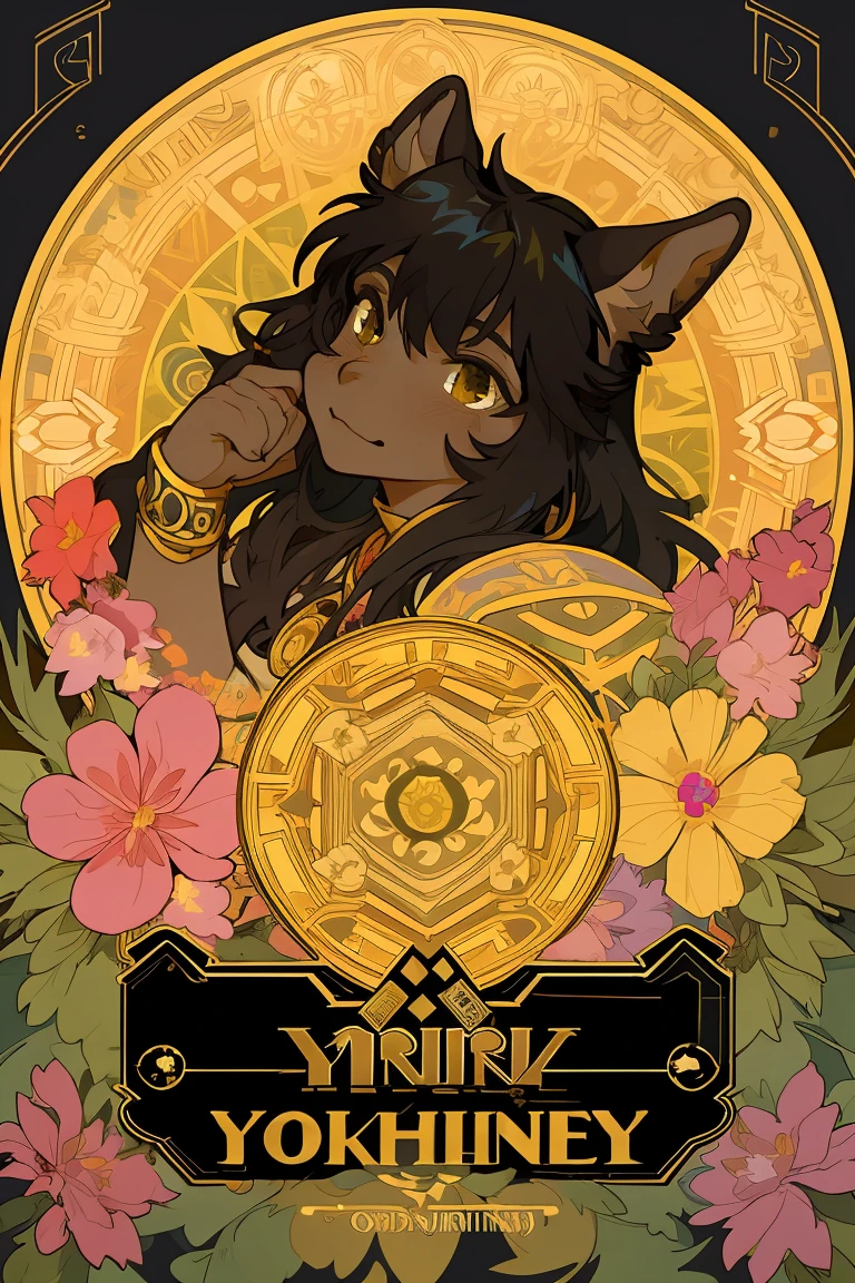 top quality, best quality, kaleidoscope, Yorkshire terrier,gold & black hair,rzminjourney, vector-art, High-quality illustrations by Alfons Mucha, masterpiece,logo mark, round, colorful flower,