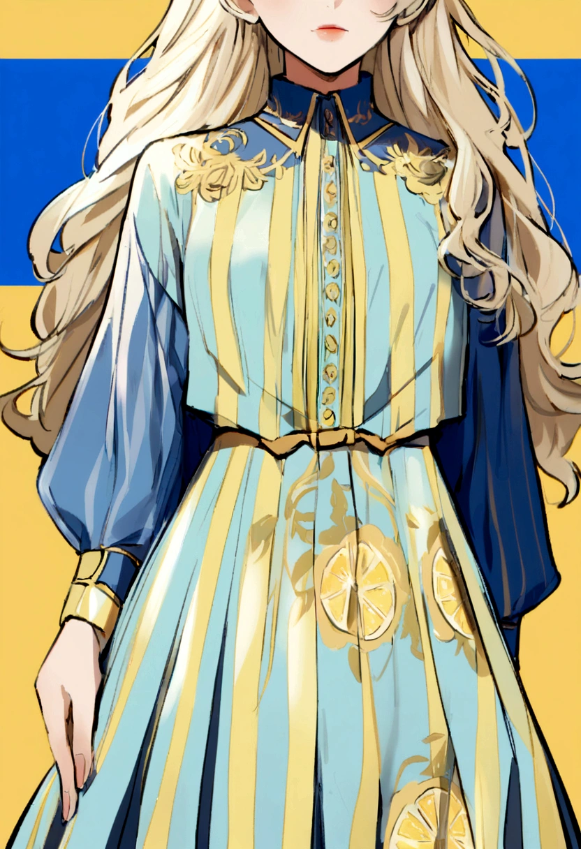 Southern French coordination using lemon patterns,Blue casual outfit, One Girl, Long Hair, Show the whole outfit,Refreshing