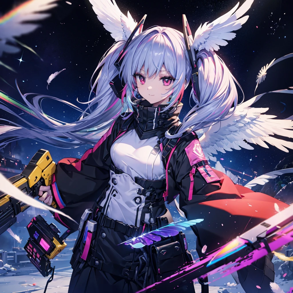 ((Archangel Fantasy Rainbow Hair Make your hair rainbow-colored on the inside Twin tails Dull red eyes Has a galaxy uniform Put on a coat without putting your arms through it Wings many times larger than mine rainbow gradient feathers Digital Wings cyber punk Smiling Kindly front)) ((tears gloves)) (Broken glass Rolling Pebbles Distorted Space-Time star) Catch the wind milky way Shining Background Particles of light, rainbow colored edges Shining Edge star
