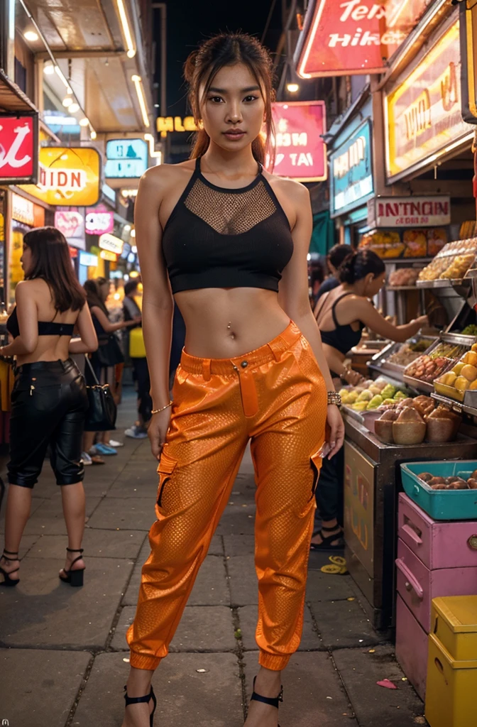 Create an HD Ultra Realistic image of Young Attractive Asian Woman Sophie Tan posing for a Y2K fashion shoot. Sophie is dressed in a vibrant orange mesh top and cargo pants, accessorized with platform sandals and a small shoulder bag. She stands in a bustling street market with colorful stalls and neon signs. Capture this scene using a professional camera with a 35mm lens, emphasizing Sophie’s playful pose and the bold textures of her outfit (1.3). The market background should be blurred to focus on Sophie, with post-production enhancing the neon lights, adding a vignette effect, and using a warm color filter to achieve a lively, Y2K aesthetic (1.4).”