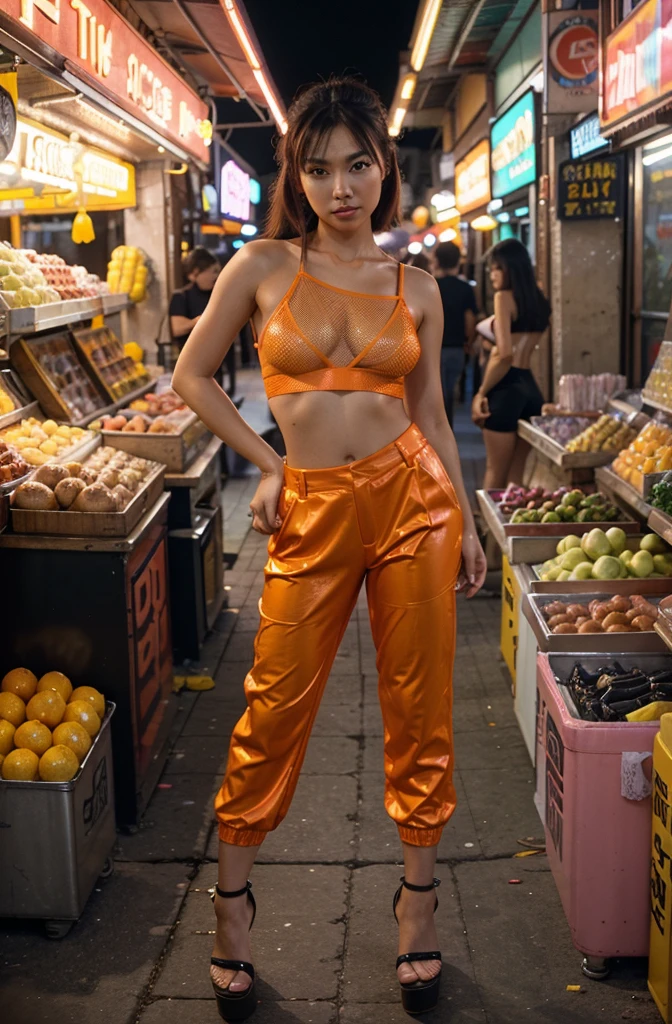 Portrait photography of a beautiful young malay girl in hijab wearing very wet yellow peplum dress, kneeling in heavy rain, nighttime, crowded bustling mall background, bright lighting, smile and happy gesture, close up, small abs, small waist, wide hips, thick thighs, petite, detail skin texture, 4k, high detail, ultra detail, raining,