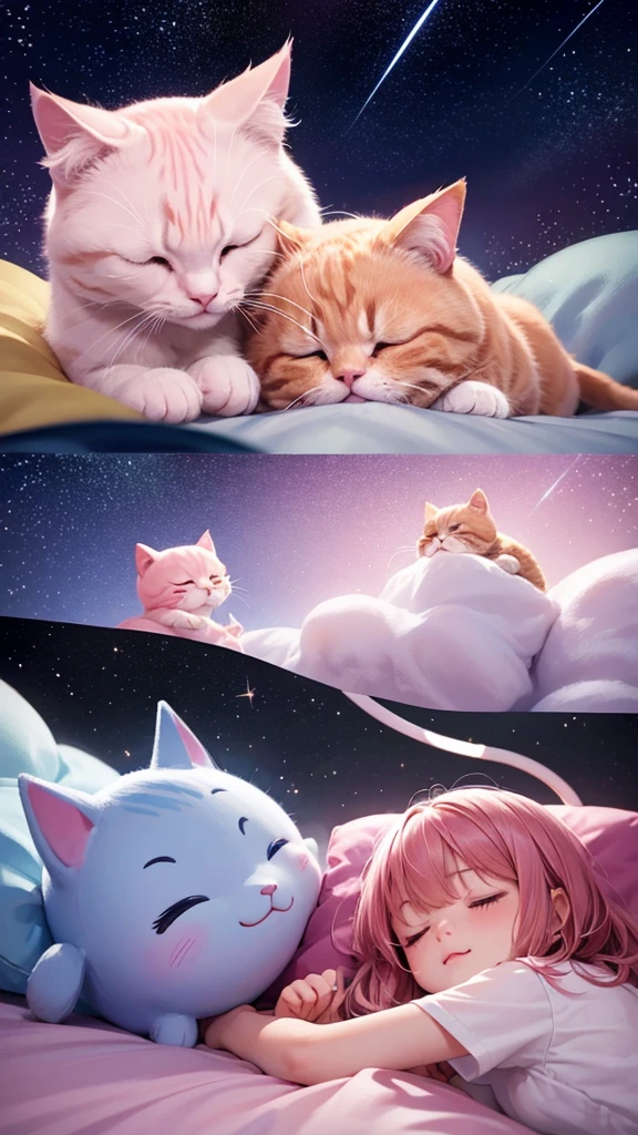 Shooting stars in the night sky、Cute pink cat、Cat sleeping on a cloud with eyes closed、A glow from the cat、Cat close-up、