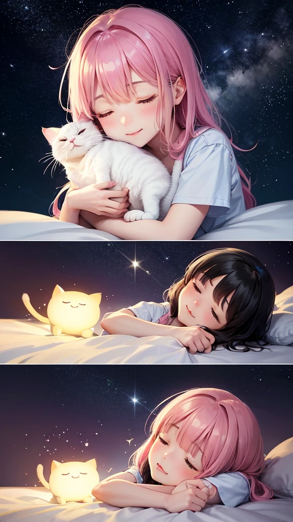 Shooting stars in the night sky、Cute pink cat、Cat sleeping on a cloud with eyes closed、A glow from the cat、Cat close-up、