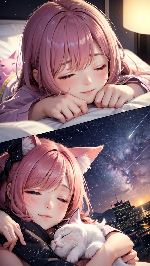 Shooting stars in the night sky、Cute pink cat、Cat sleeping on a cloud with eyes closed、A glow from the cat、Cat close-up、
