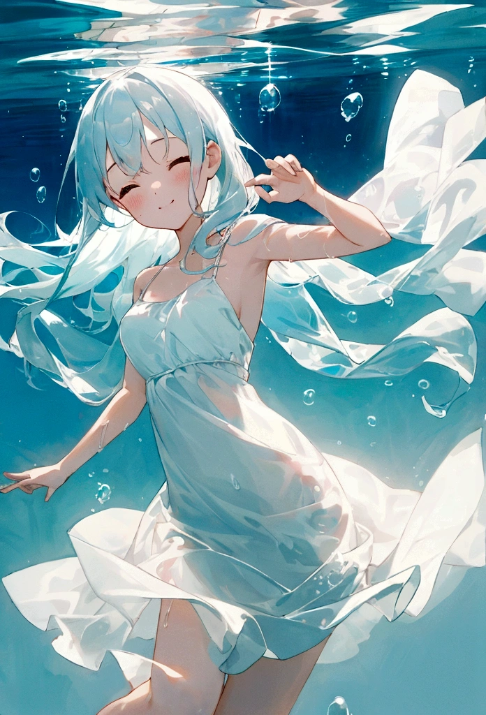 In the sea、In the water、Swim like a dancer、spin、beautiful、beautiful girl、Simple white dress、smile、Squint your eyes、ephemeral、Bubble、Sparkling、Light、reflection、Fading colors、bright、Low Contrast