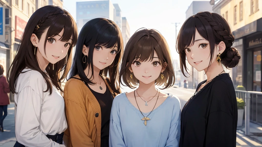 The background is the city、Skyscraper、Night view(Highest quality、masterpiece、High resolution)、(Sargent-style watercolor)、(Anime Art)、、((Right beside、Woman profile、))、(Detailed depiction of a beautiful face）、Suit jacket、Long sleeve tops、A kind smile、Medium Short Hair、Dark Brown Hair、Braiding、、
information(Highest quality:1.2)、Very detailed、High resolution、masterpiece:1,2、Bright colors、Bokeh、Professional Lighting、Physically Based Rendering、Flat Color:0.8、Fine Illustration、Realistic:1.37、Makoto Shinkai style、Name Style、Light Brown Hair、Elegant update、Short Bob、Three young women in casual clothes、Laugh together、Dynamic poselip、cheek(Dark Brown Hair/)bangs、cheek(direction)、(最高masterpiece1.2)繊細なイラストVery detailed、Break Blue Sky、Detailed Background、20-year-old female、、A shy smile、Through clenched teeth、Clench your teeth、lip、cheek(Flat Color: 0.8)、(masterpiece: 1,2)、(masterpiece: 1,2)、High resolution、超High resolution、Highest quality、High resolution、Ultra-thin illustration、Makoto Shinkai style、Your Name is Style、long hair、Short Bob、necklace、Earrings、Dynamic pose、Selfie、whole body、Brown Hair、Braiding、Hair Bun、ponytail･Hair Bunスタイル、necklace、Valletta、ribbon、Earrings・アニキュア,。
