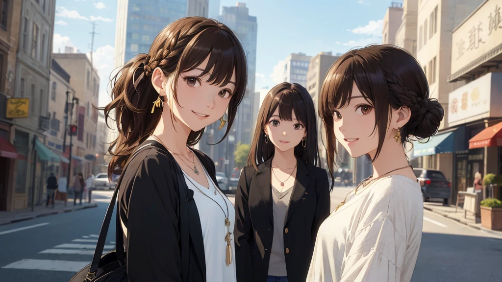 The background is the city、Skyscraper、Night view(Highest quality、masterpiece、High resolution)、(Sargent-style watercolor)、(Anime Art)、、((Right beside、Woman profile、))、(Detailed depiction of a beautiful face)、Suit jacket、Long sleeve tops、A kind smile、Medium Short Hair、Dark Brown Hair、Braiding、、
information(Highest quality:1.2)、Very detailed、High resolution、masterpiece:1,2、Bright colors、Bokeh、Professional Lighting、Physically Based Rendering、Flat Color:0.8、Fine Illustration、Realistic:1.37、Makoto Shinkai style、Name Style、Light Brown Hair、Elegant update、Short Bob、Three young women in casual clothes、Laugh together、Dynamic poselip、cheek(Dark Brown Hair/)bangs、cheek(direction)、(最高masterpiece1.2)繊細なイラストVery detailed、Break Blue Sky、Detailed Background、20-year-old female、、A shy smile、Through clenched teeth、Clench your teeth、lip、cheek(Flat Color: 0.8)、(masterpiece: 1,2)、(masterpiece: 1,2)、High resolution、超High resolution、Highest quality、High resolution、Ultra-thin illustration、Makoto Shinkai style、Your Name is Style、long hair、Short Bob、necklace、Earrings、Dynamic pose、Selfie、whole body、Brown Hair、Braiding、Hair Bun、ponytail・Hair Bunスタイル、necklace、Valletta、ribbon、Earrings・アニキュア,。