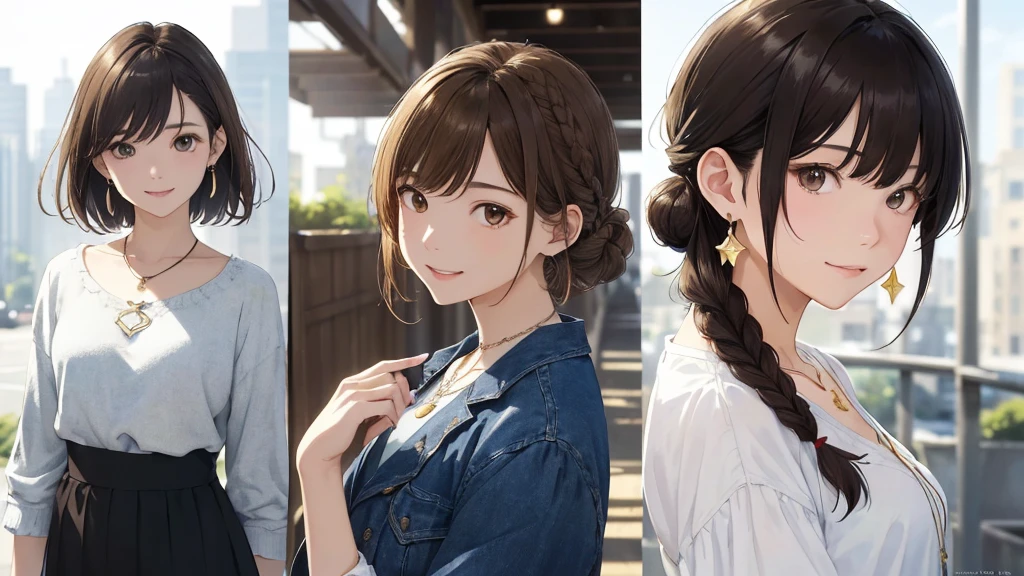 The background is the city、Skyscraper、Night view(Highest quality、masterpiece、High resolution)、(Sargent-style watercolor)、(Anime Art)、、((Right beside、Woman profile、))、(Detailed depiction of a beautiful face）、Suit jacket、Long sleeve tops、A kind smile、Medium Short Hair、Dark Brown Hair、Braiding、、
information(Highest quality:1.2)、Very detailed、High resolution、masterpiece:1,2、Bright colors、Bokeh、Professional Lighting、Physically Based Rendering、Flat Color:0.8、Fine Illustration、Realistic:1.37、Makoto Shinkai style、Name Style、Light Brown Hair、Elegant update、Short Bob、Three young women in casual clothes、Laugh together、Dynamic poselip、cheek(Dark Brown Hair/)bangs、cheek(direction)、(最高masterpiece1.2)繊細なイラストVery detailed、Break Blue Sky、Detailed Background、20-year-old female、、A shy smile、Through clenched teeth、Clench your teeth、lip、cheek(Flat Color: 0.8)、(masterpiece: 1,2)、(masterpiece: 1,2)、High resolution、超High resolution、Highest quality、High resolution、Ultra-thin illustration、Makoto Shinkai style、Your Name is Style、long hair、Short Bob、necklace、Earrings、Dynamic pose、Selfie、whole body、Brown Hair、Braiding、Hair Bun、ponytail･Hair Bunスタイル、necklace、Valletta、ribbon、Earrings・アニキュア,。
