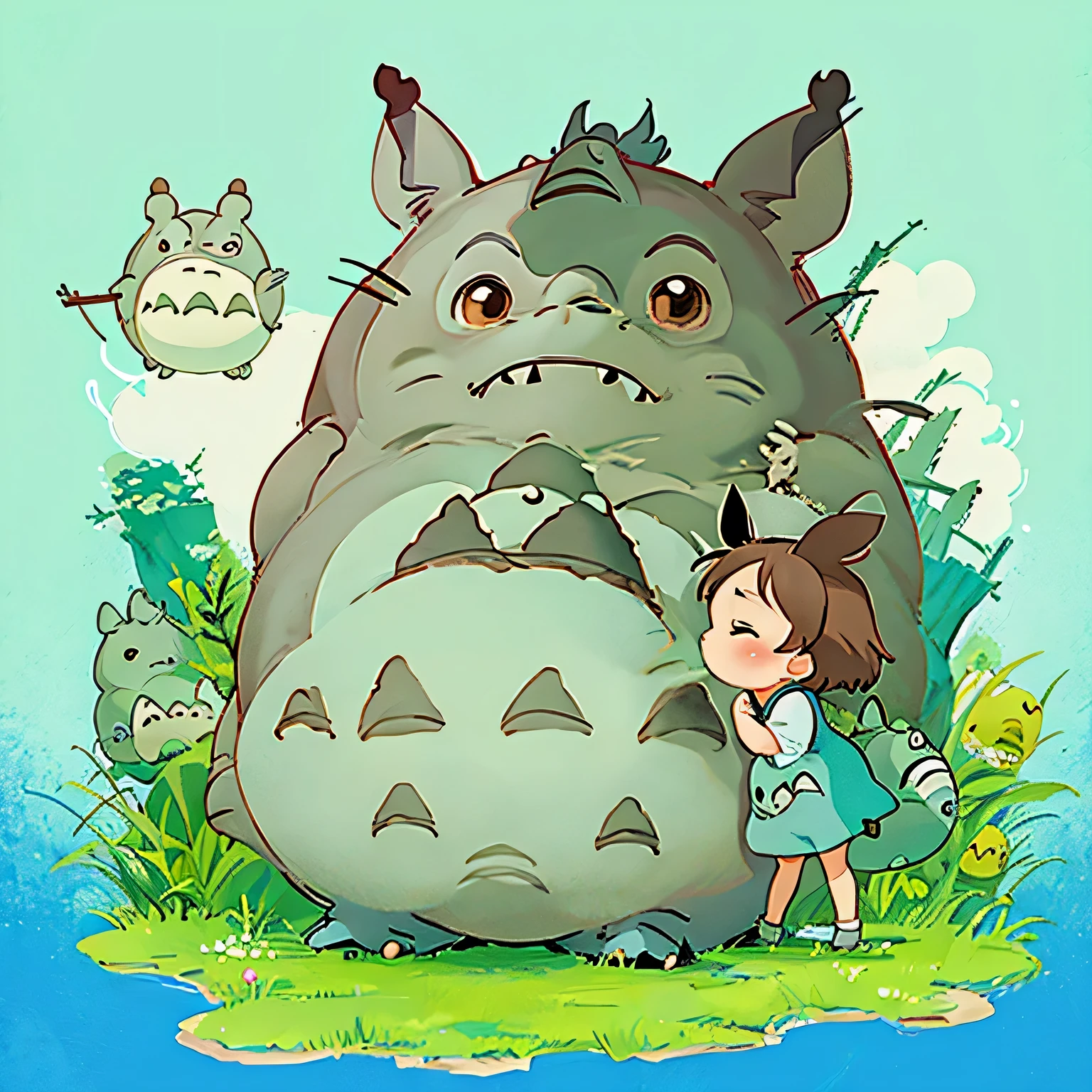Hayao Miyazaki style、Kawaii Design, most beautiful girl ever、((Chibi)), (((Kiss Totoro)))