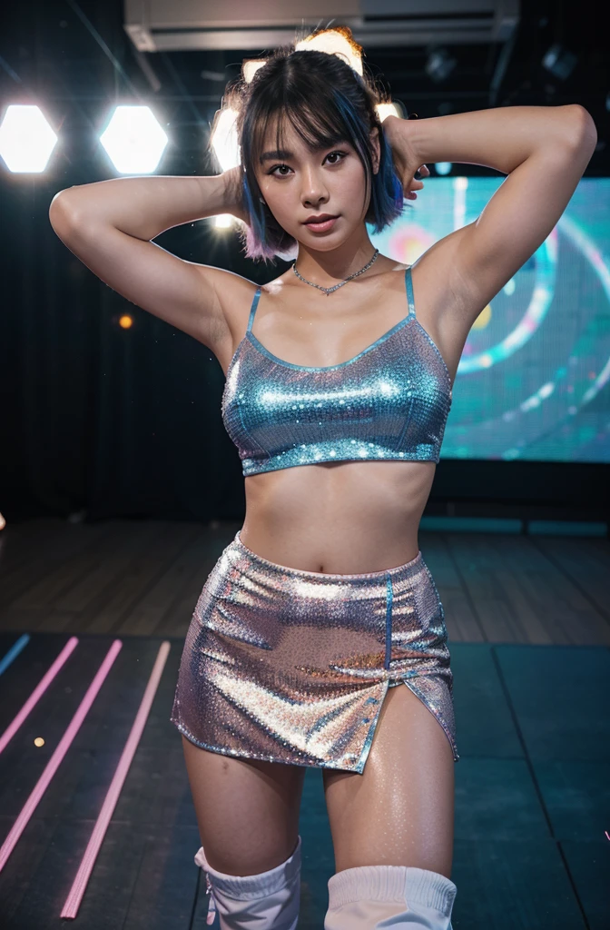Generate an HD Ultra Realistic image of Young Attractive Asian Woman Sophie Tan in a Y2K-themed fashion editorial. Sophie is wearing a glittery blue tube top and white mini skirt with knee-high boots. She is posed against a backdrop of a retro dance floor with a disco ball and colorful strobe lights. Use a professional camera with an 85mm lens to focus on Sophie’s energetic pose and the sparkling details of her outfit (1.3). The dance floor setting should be artistically blurred to direct attention to Sophie, with post-production enhancing the strobe lights and adding a soft glow effect for a nostalgic Y2K look (1.4).”