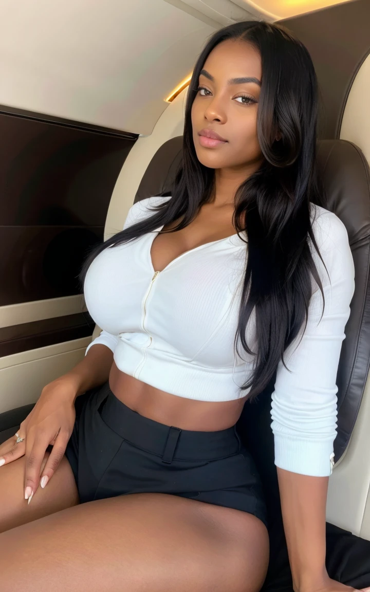 Prompt: 30 years old african girl,MILF, , black eyes, black straight hair,looking_at_viewer, huge breasts ,huge ass,Dark black skin color, chocolate skin color, perfect eyes, perfect skin detailed skin,she is in a luxurios private jet sitting in jet wearing full clothes ,beautiful fingers and nails , The environment around her is her bedroom, (4k, ultra detailed)