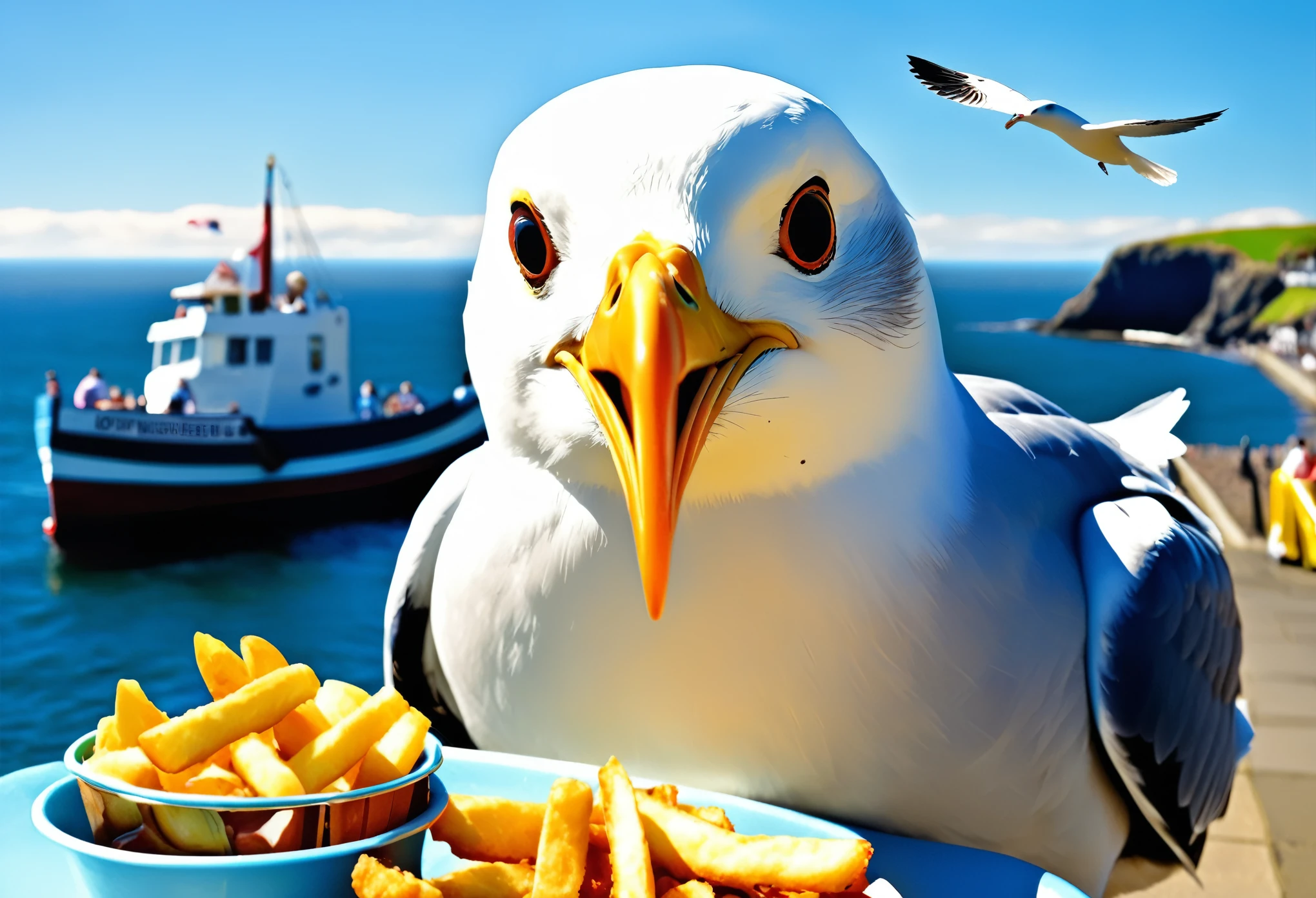 A seagullwith a beak full of fries, stealing them from a fish & chips lunch plate at the seaside, ocean background