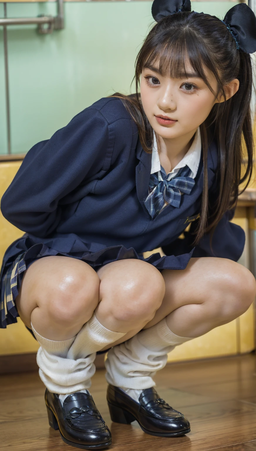 (photorealistic:1.4), best quality, masterpiece, raw 32k photo, (extremely detailed japanese beautiful girl), (extremely detailed eyes:1.2), (cute face:1.2), ultra-detailed, ultra high res, amazing, BREAK,(squatting),
(school uniform:1.5), (full body:1.2), detailed school girl, (disneyland:1.3), beautiful detailed girl, bangs, cute face, miniskirt,loafers,((panties)),open leg, a girl