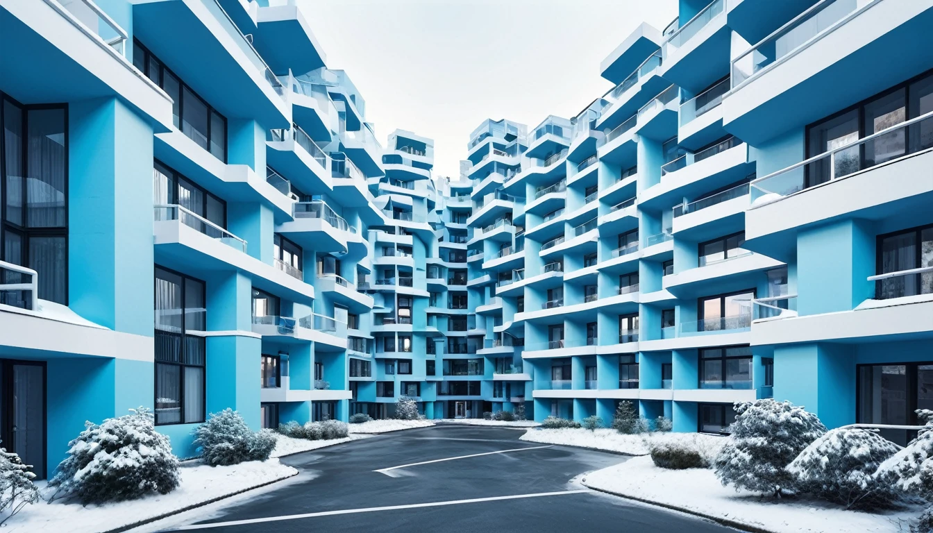 fantasy, Avant-garde deconstructivist apartment complex made up of intersecting geometric shapes and planes that distort natural light and create a visually striking urban landscape, cold blue neon color scheme, scandinavian vibe, diffused pale light, adventure core, soft and dreamy depictions, epic eerie