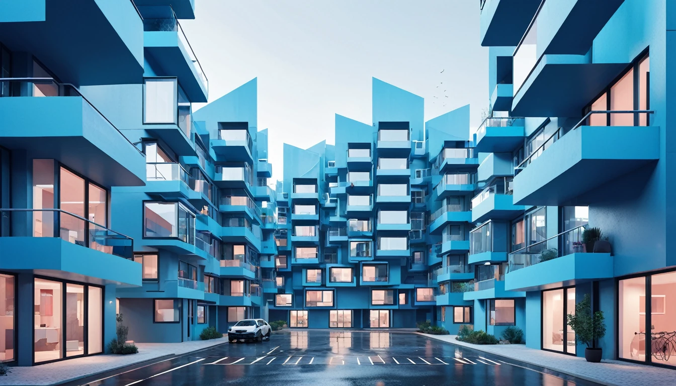 fantasy, Avant-garde deconstructivist apartment complex made up of intersecting geometric shapes and planes that distort natural light and create a visually striking urban landscape, cold blue neon color scheme, scandinavian vibe, diffused pale light, adventure core, soft and dreamy depictions, epic eerie