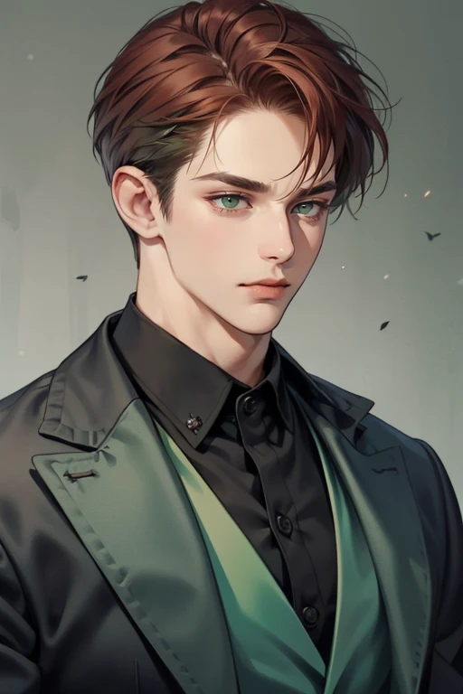 masterpiece, best quality, realistic, 1man, mature male, quiet and charming young man, 31 years old, close his eyes, serious, closed mouth, extremely detailed face, cold, ((dark grey green eyes)), ((short-right-swept dark red hair)), [thick eyebrows], (mafia), ((black suit)), accurate, detailed
