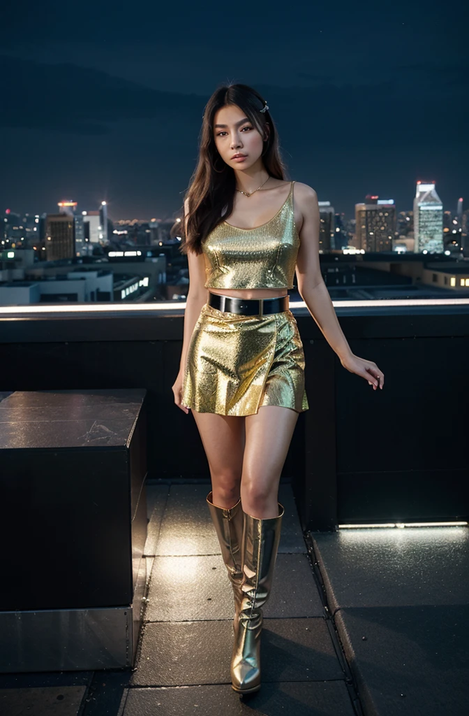 “Create an HD Ultra Realistic image of Young Attractive Asian Woman Sophie Tan in a Y2K-inspired fashion editorial. Sophie is dressed in a shiny gold top and matching pleated skirt, accessorized with a metallic belt and knee-high boots. The background is a glamorous rooftop party scene with city lights and a glowing skyline. Use a professional camera with a 70mm lens to capture Sophie’s elegant pose and the shimmering quality of her outfit (1.3). The rooftop setting should be blurred to ensure Sophie stands out, with post-production enhancing the city lights, adding a shimmering overlay, and using a cool color filter for a true Y2K editorial look (1.4).”