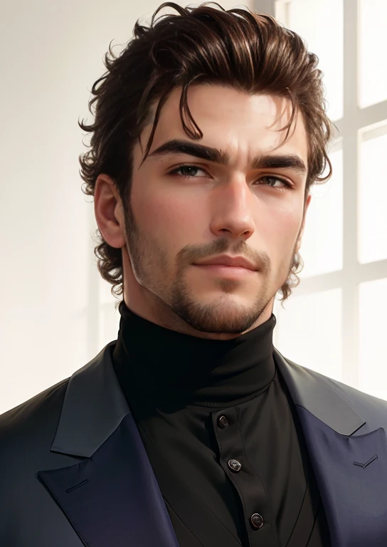 puffy image of a man in a suit and turtleneck, virile and strong man, handsome and attractive, wearing turtleneck, handsome man, handsome face, perfect handsome face, square chin anato sheet. perfect faces, handsome manly prince, wearing a high collar, thin beard on his face, hair shaved on the sides and curls on top.