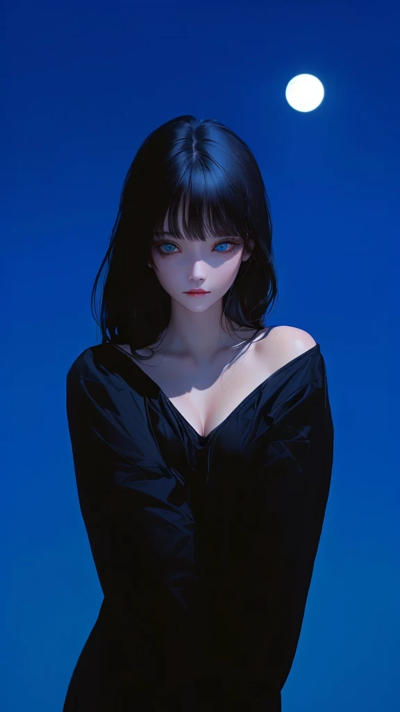 ultra-detailed, beautiful eyes, detailed eyes, detailed face, ultra-detailed, beautiful eyes, woman in black casual, loose-fitting clothing against a full moon background, master piece, best quality, high resolution, 16k