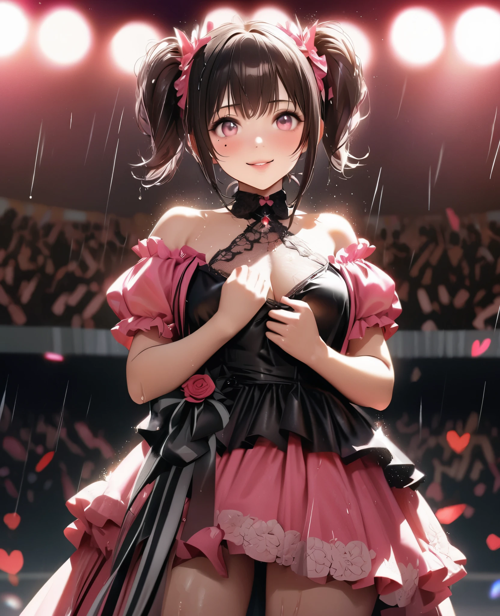 One Girl、Looking at the audience、Lovely,
Beautiful pink eyes、Short Twin Tails , Mole under the eye、Plump and glossy lips、Heart-shaped choca、Idol、Her name is Rico,smile、ー、。.。.。.。.。.。.。.。.。.。.。.。.。.。.。.。.。.。.3d、Realistic、
Idolの衣装は大雨でびしょ濡れになった, Her breasts were wet and transparent.Heavy rain at outdoor concert, Drape clothes、gem、The decoration has been removed、Floral、Lace trim,On a glittering stage、
masterpiece、Highest quality、8k、Detailed skin texture、Detailed cloth texture、Beautifully detailed face、Intricate details、Very detailed、
Ultra-high resolution、8k Ultra HD、Film Grain、Best Shadow、delicate、Gazing at the audience、front
