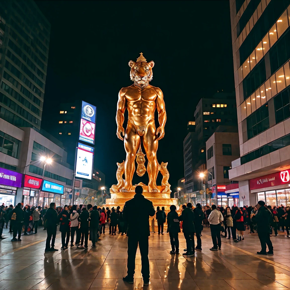 a giant figure (human posture, tiger face) towers over the city at night, facing the viewer. The posture should be detailed, so as to cast shadows under dramatic lighting that convey prosperity and wealth. in the foreground, there are residents who are rejoicing and celebrating the arrival of the god of wealth. bright light surrounds the god, gold coins are scattered on the streets, wearing clothes like the king of olympus with gold twinkle