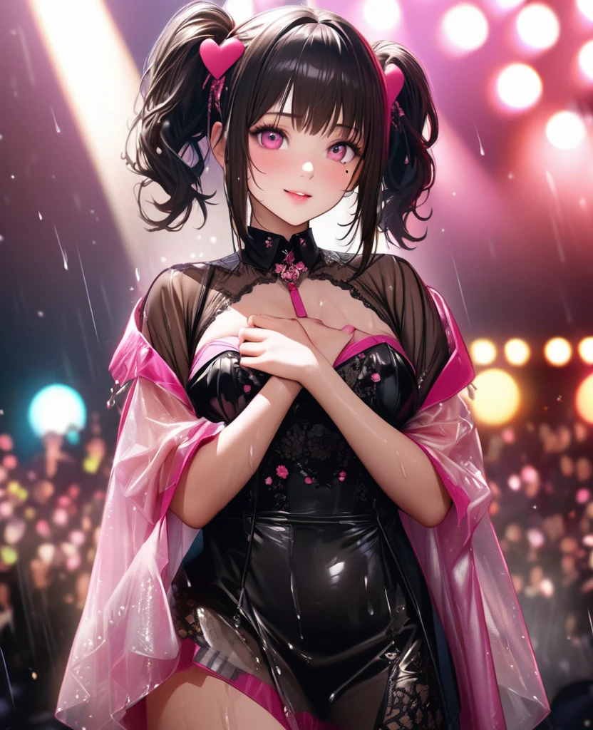One Girl、Looking at the audience、lovely,
Beautiful pink eyes、short twin tail hair , Mole under the eye、Plump and glossy lips、Heart-shaped choca、Idol、Her name is Rico,smile、ー、。.。.。.。.。.。.。.。.。.。.。.。.。.。.。.。.。.。.3D、Realistic、
The idol's costume was soaked in the heavy rain, and her chest was wet and transparent.Heavy rain at outdoor concert, Drape clothes、gem、The decoration has been removed、Floral、Lace trim,On a glittering stage、
masterpiece、highest quality、8k、Detailed skin texture、Detailed cloth texture、Beautifully detailed face、Intricate details、Very detailed、
超A high resolution、8k Ultra HD、Film Grain、Best Shadow、delicate、Gazing at the audience、front
