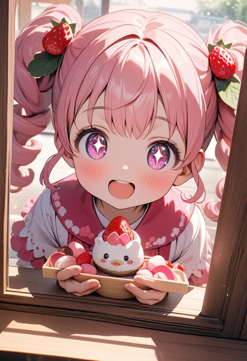 (8K, best quality, master piece: 1.2), super high resolution,1girl,8yo,ultra-detailed face, detailed eyes,sparkling eyes,Twin tails,pink hair,Curly Hair,strawberry decoration hair accessories,pink eyes, small girl of small stature,cute,strawberry decoration pink ロリータファッション,holding a Strawberry topping Daifuku mochi,happy,open mouth,High Angle,Rim Light,sitting in a chair across from the table,looking at viewer,BREAK,A display window filled with Japanese sweets,Inside a Japanese confectionery shop