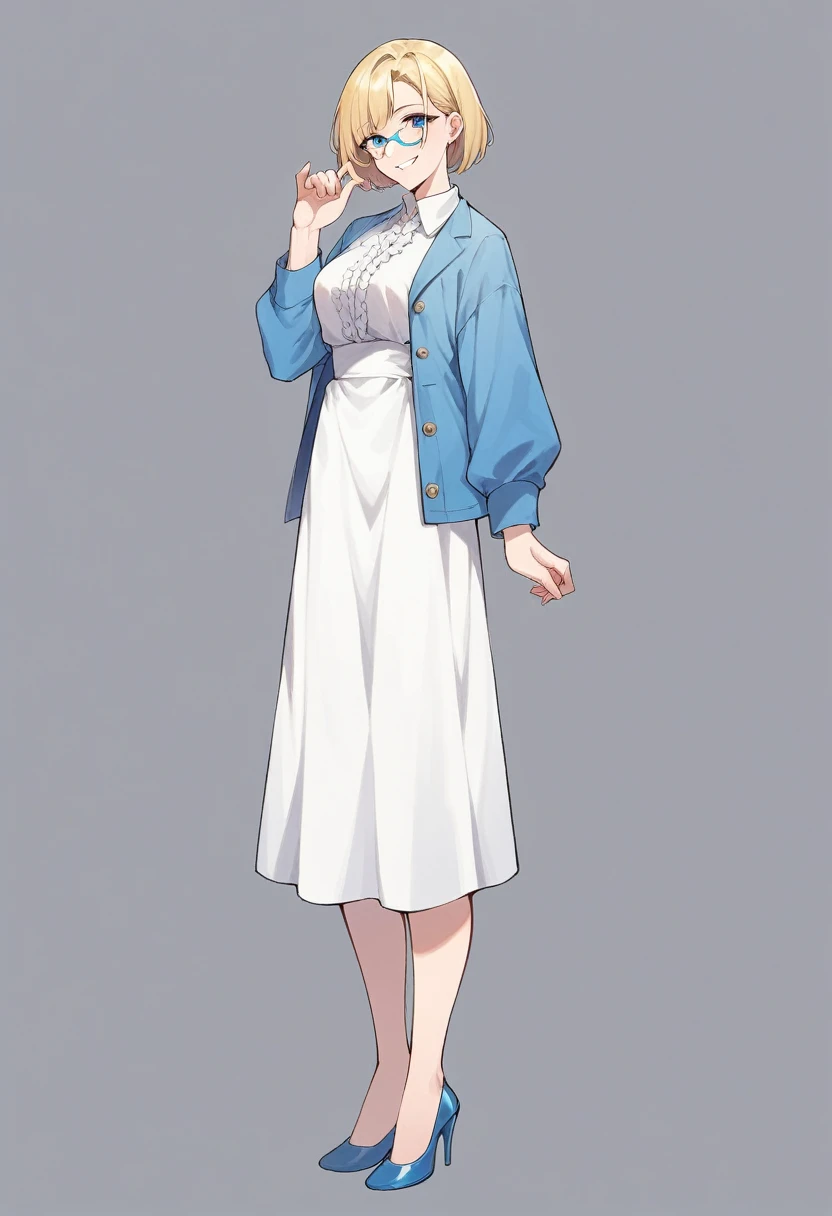 beautiful woman, beautiful face, solo, full body, standing, medium bob cut blonde hair, light blue eyes, two points glasses, medium breasts, blue opened short jacket, white blouse, white pleats Slightly longer skirt, (calf of legs), blue high heels, soft smile, (pinch one's her glasses), perfect hands and perfect fingers, temptation pose, black background, no background, pastel 2d art, matte painting, anime, masterpiece 