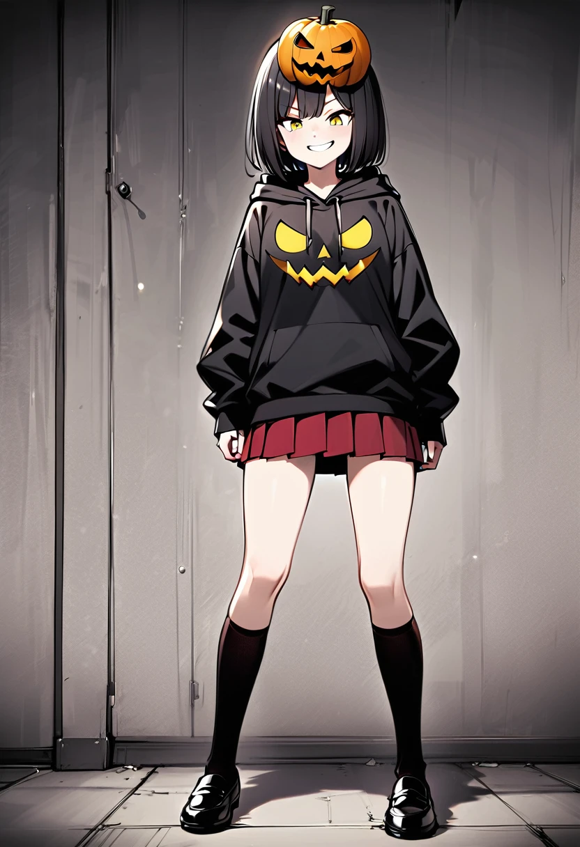 edgy girl, black hoodie, black hair, bob cut, red miniskirt, high socks, loafers, black pumpkin mask on the left side of her head with a yellow smile on it. Amazing quality, full body view, snarky grin
