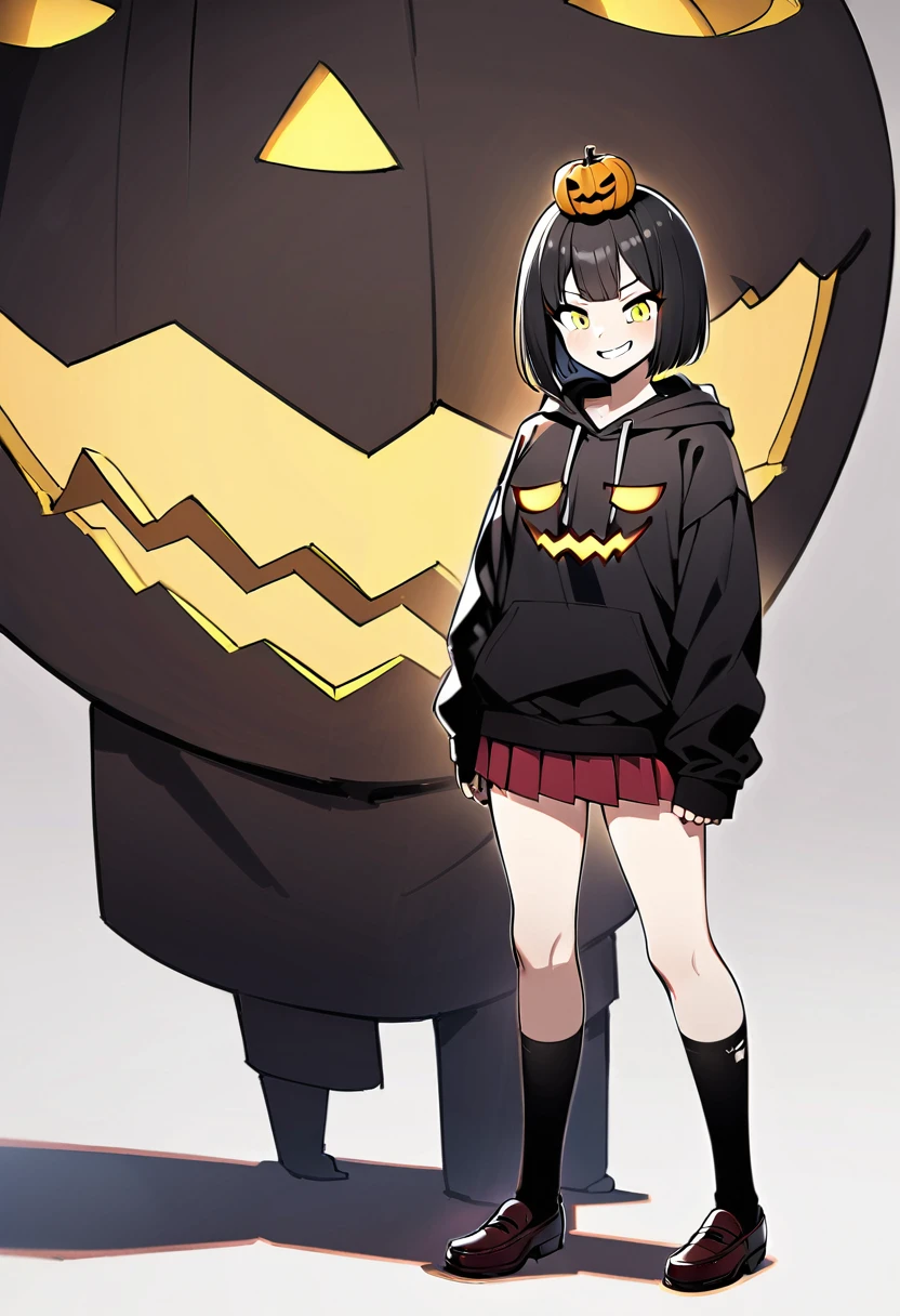 edgy girl, black hoodie, black hair, bob cut, red miniskirt, high socks, loafers, black pumpkin mask on the left side of her head with a yellow smile on it. Amazing quality, full body view, snarky grin