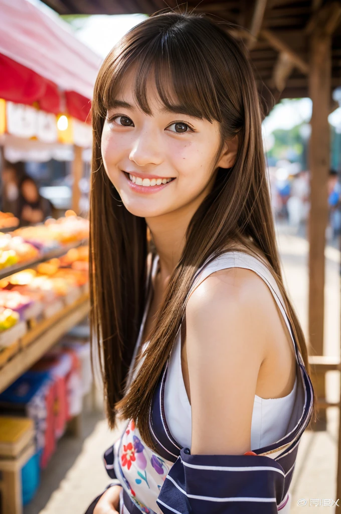 Japanese traditional kimono, flower pattern yukata, summer festival night stall,  high school stuody)), ((photo)), ((best qualtiy, 8K, tmasterpiece:1.3)), Focus:1.2, perfect figure beautiful girl:1.4, 1girl, cowboy shot, look at viewer, incredibly absurd, beautiful and cute girl with a photorealistic face, showcasing top-quality craftsmanship, A Japanese girl walking around looking at the food stalls at a summer festival on a night, 15 years old, straight hches about 10cm below the shoulders, light brown hair color, shiny hair, bangs cut straight above the eyes, hair tucked behind the ears, soft round face, large almond-shaped eyes, light brown eye color, long eyelashes, thin and neat eyebrows, small nose with a straight bridge, cherry-colored lips, bright smile, white teeth, smooth skin, fair skin, light pigmentation, freckles, average height, supple body, well-balanced proportions, small A-cup breasts, beautiful girl, neat, moe, cheerful, curious, friendly, polite, responsible, likes festivals and events, August